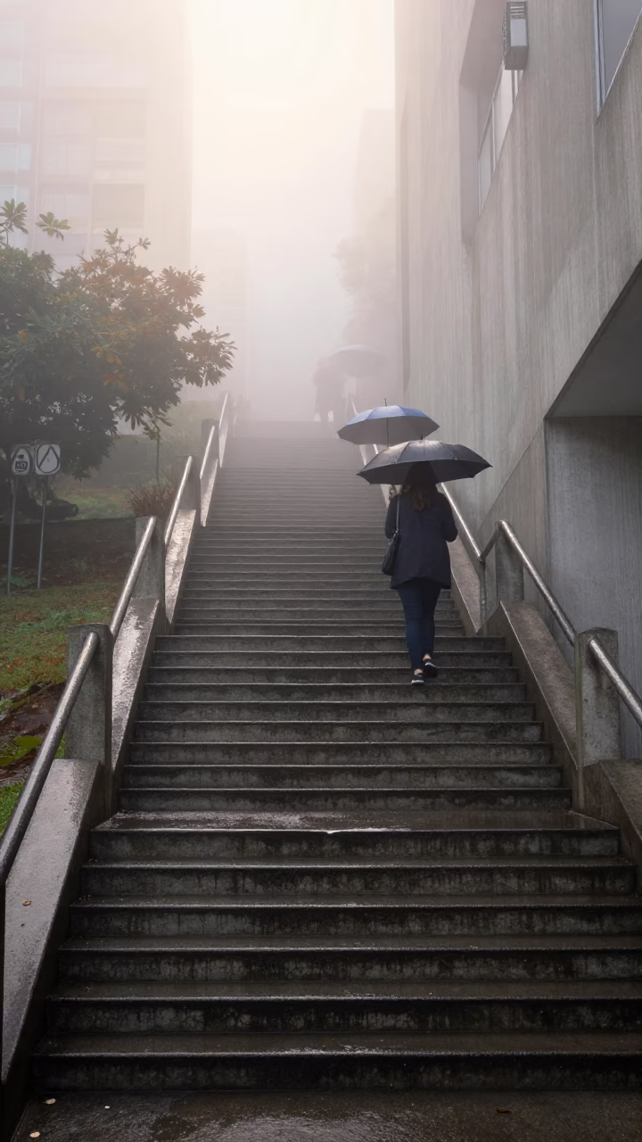 Damp Concrete Stairs and Wet Umbrellas in São Paulo Dawn Mist in in São Paulo, Brazil