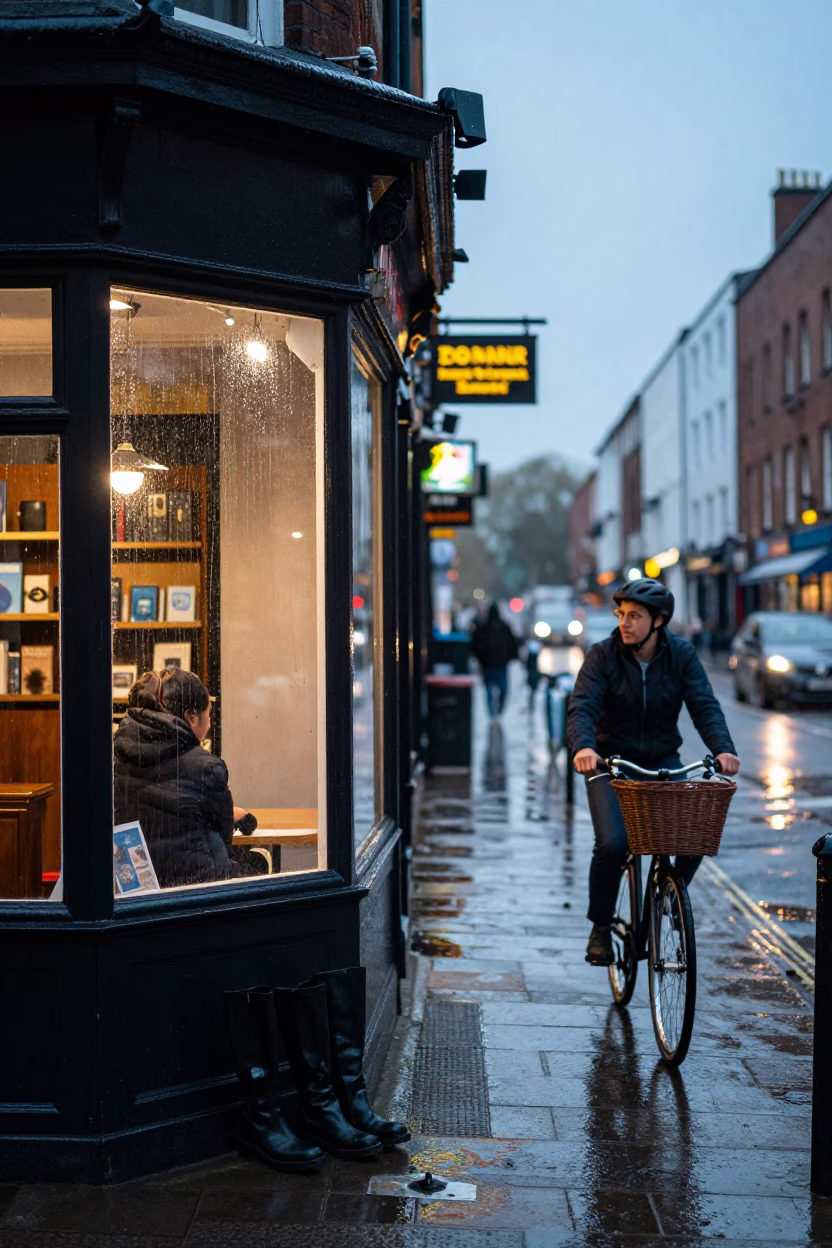 Damp Dublin Street Corner with Bicycle Basket and Wet Pavement at Dusk in in Dublin, Ireland