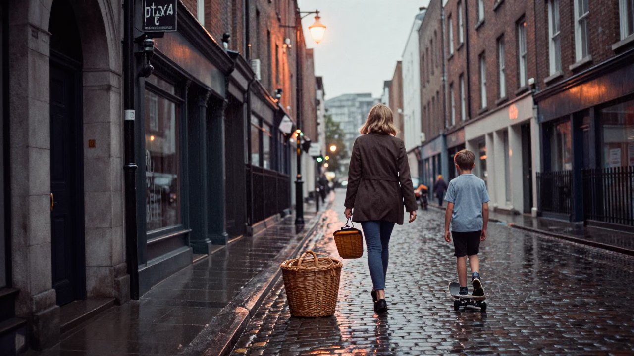 Damp Dublin Street Corner with Wicker Hamper and Wet Pavement at Dusk in in Dublin, Ireland