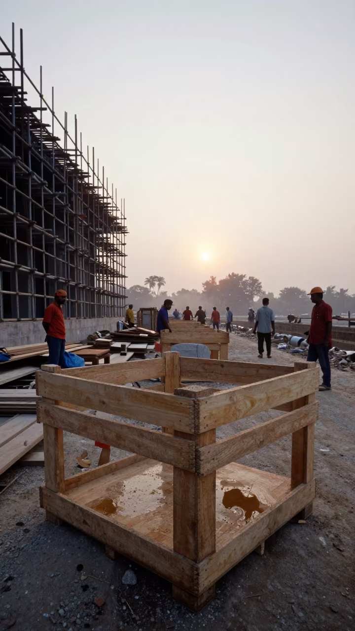 Damp Dust Crate on Scaffolding at Bangladesh Dawn in along a scaffolded facade in Bangladesh