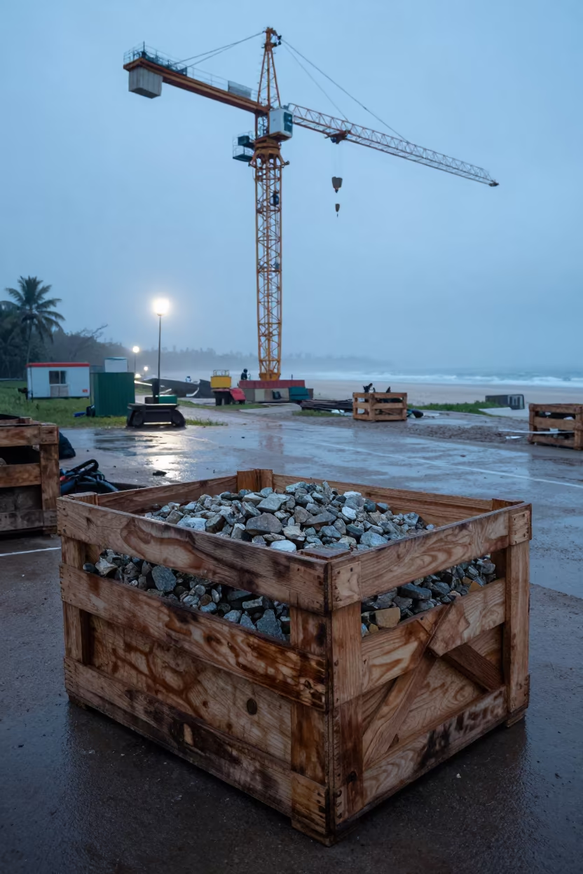 Damp Dust Darkening Plywood on Diani Beach in beneath a tower crane on open ground near Diani Beach