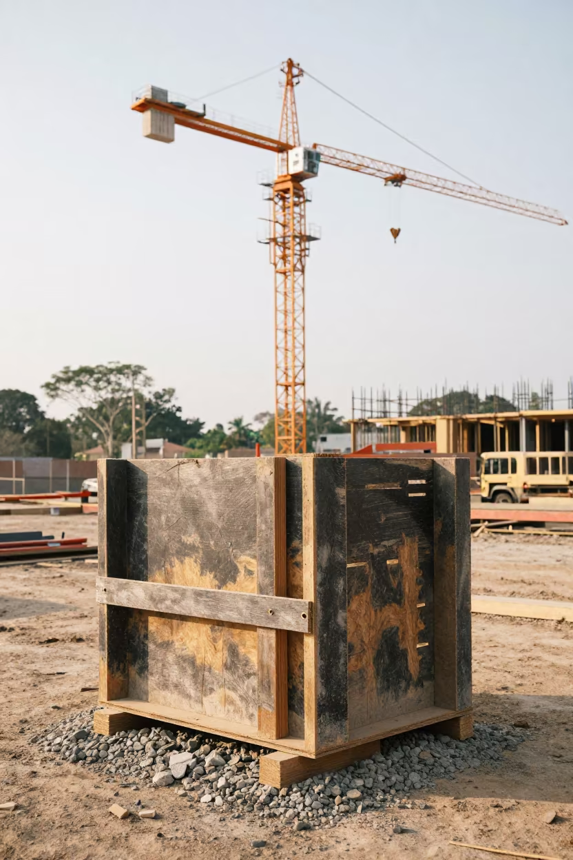 Damp Dust Darkening Plywood Under Tower Crane in beneath a tower crane on open ground in Guyana