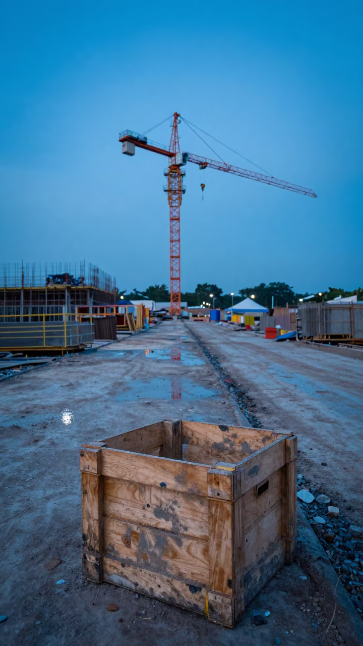 Damp Dust Darkens Plywood at Construction Site in beneath a tower crane on open ground in Bangsar, Kuala Lumpur