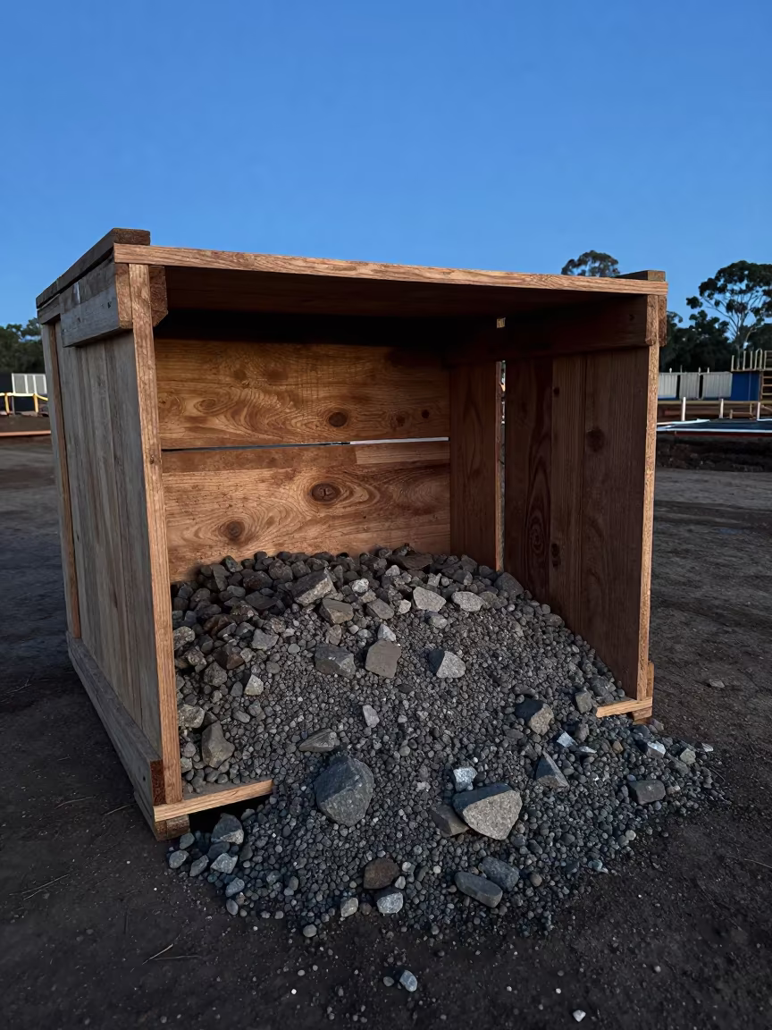 Damp Dust Darkens Plywood Crate in Queensland Excavation in inside a taped-off excavation edge in Queensland
