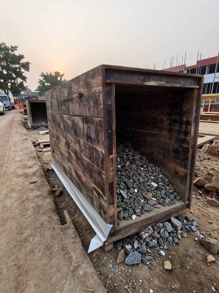 Damp Dust Darkens Plywood in Gujarat Excavation in inside a taped-off excavation edge in Gujarat