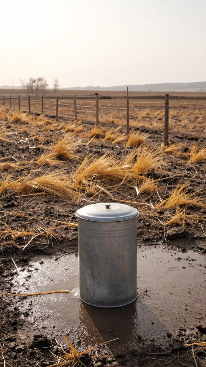 Damp Feed Jar Stand in Inner Mongolia Paddock in along a muddy paddock fence in Inner Mongolia