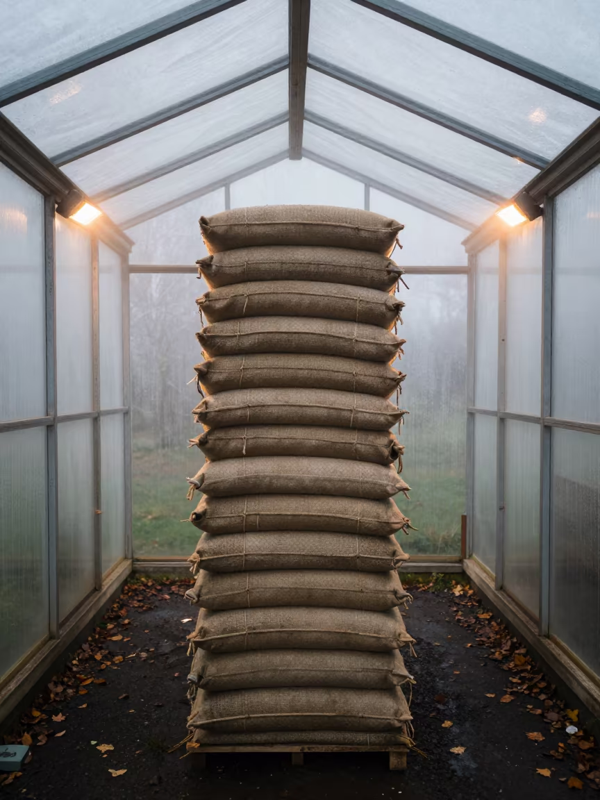 Damp Fogged Greenhouse Wall Over Seed Bags in inside a machine shed with seed bags stacked high in Aragon