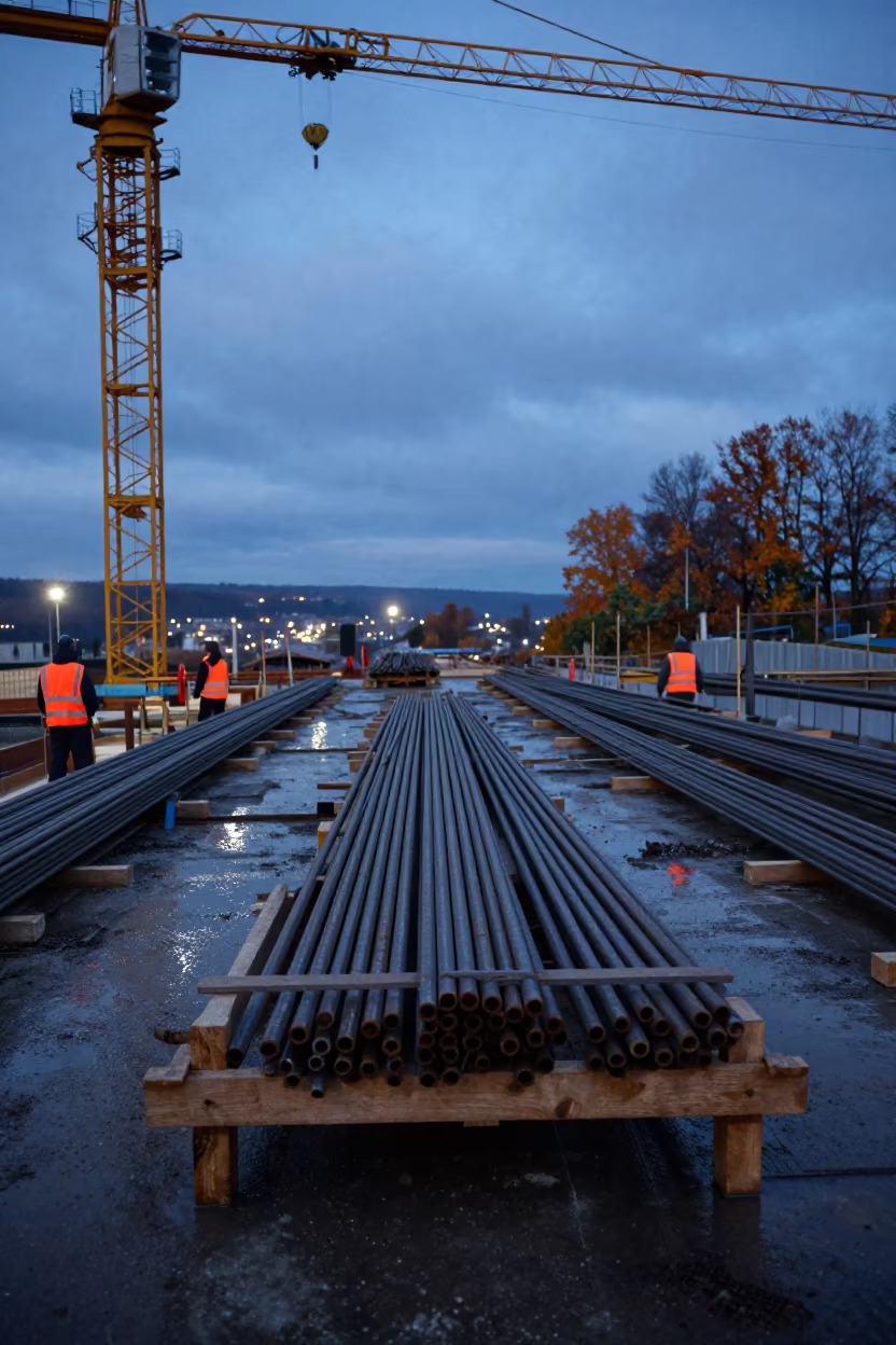 Damp Grade Check Rod Rack Under Tower Crane in beneath a tower crane on open ground in the Rhine Valley