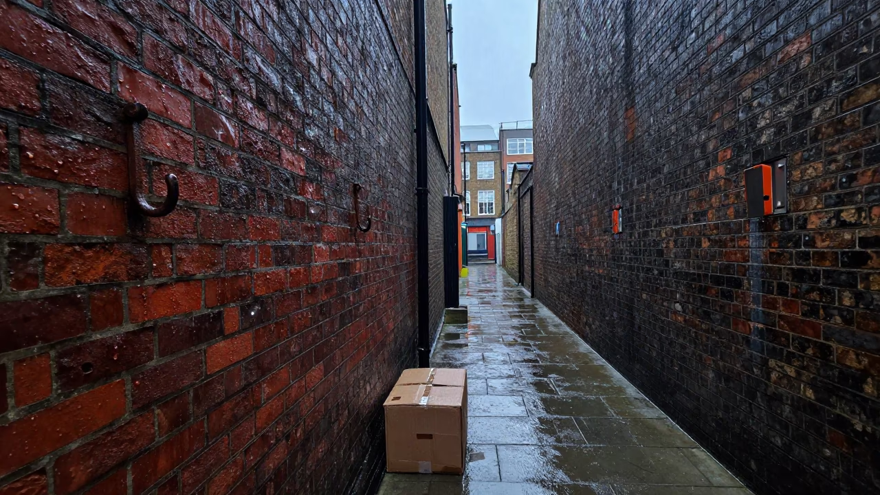 Damp London Alleyway Dusk with Wet Pavement and Brick Wall Details in in London, United Kingdom