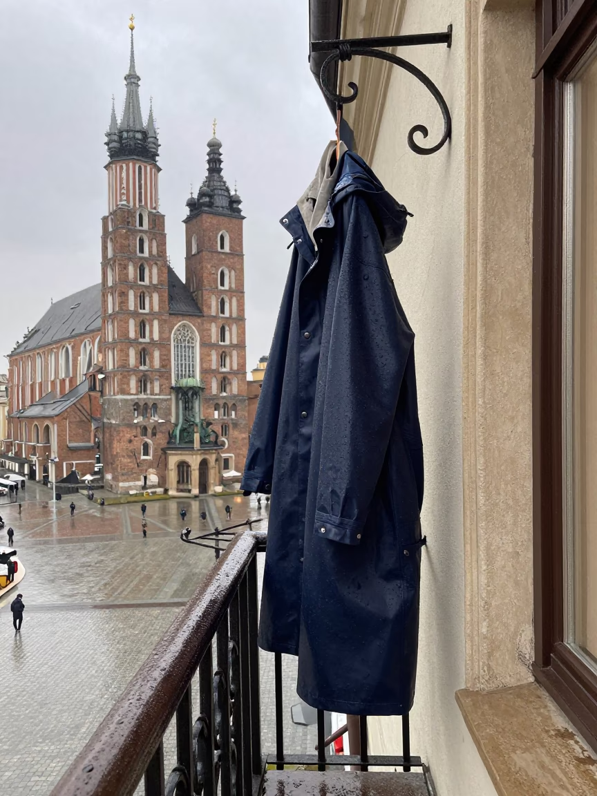 Damp Navy Raincoats in Krakow in in Krakow, Poland