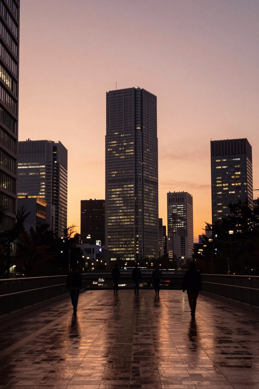 Damp Pavement in Osaka at Copper-toned Light Before Dusk in in Osaka, Japan