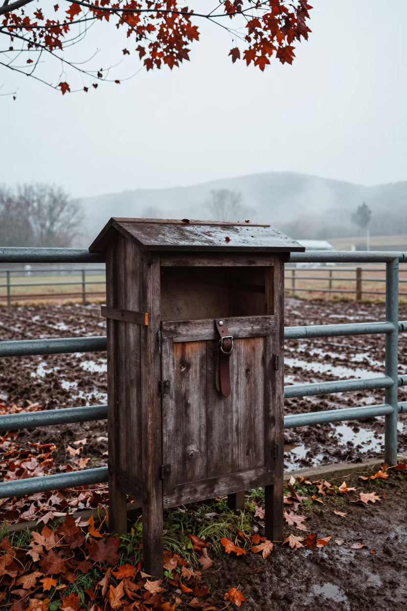 Damp Ram Harness Locker Late Autumn Morning in along a muddy paddock fence in Chugoku