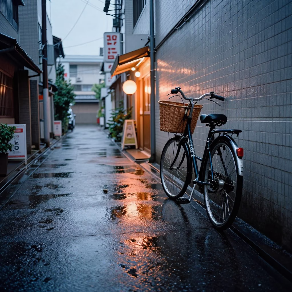 Damp Tokyo Alleyway First Light Reflecting on Ceramic and Bicycle in in Tokyo, Japan