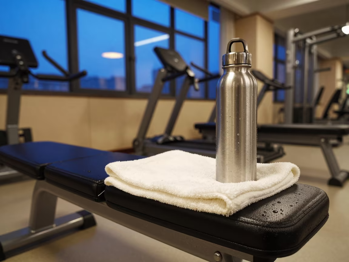 Damp Towels on Bench in Zhengzhou Gym in at a gym check-in desk in Zhengzhou