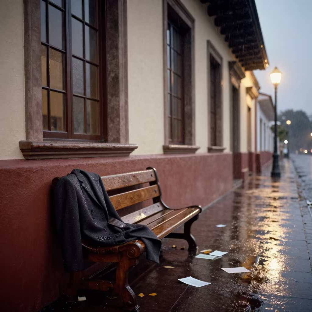 Damp Wool Coats on Courthouse Bench Predawn in in a courthouse corridor near Escuintla