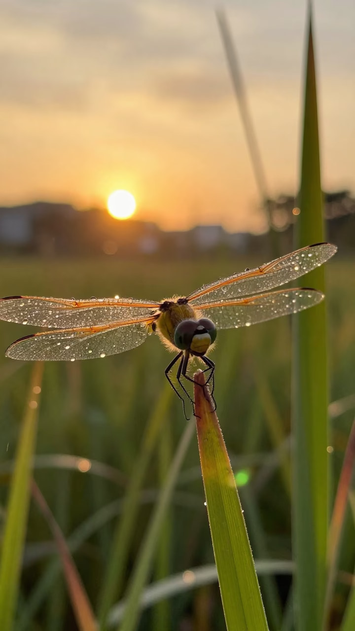 Damselfly on Reed in Golden Hour Rain in near Quezon City