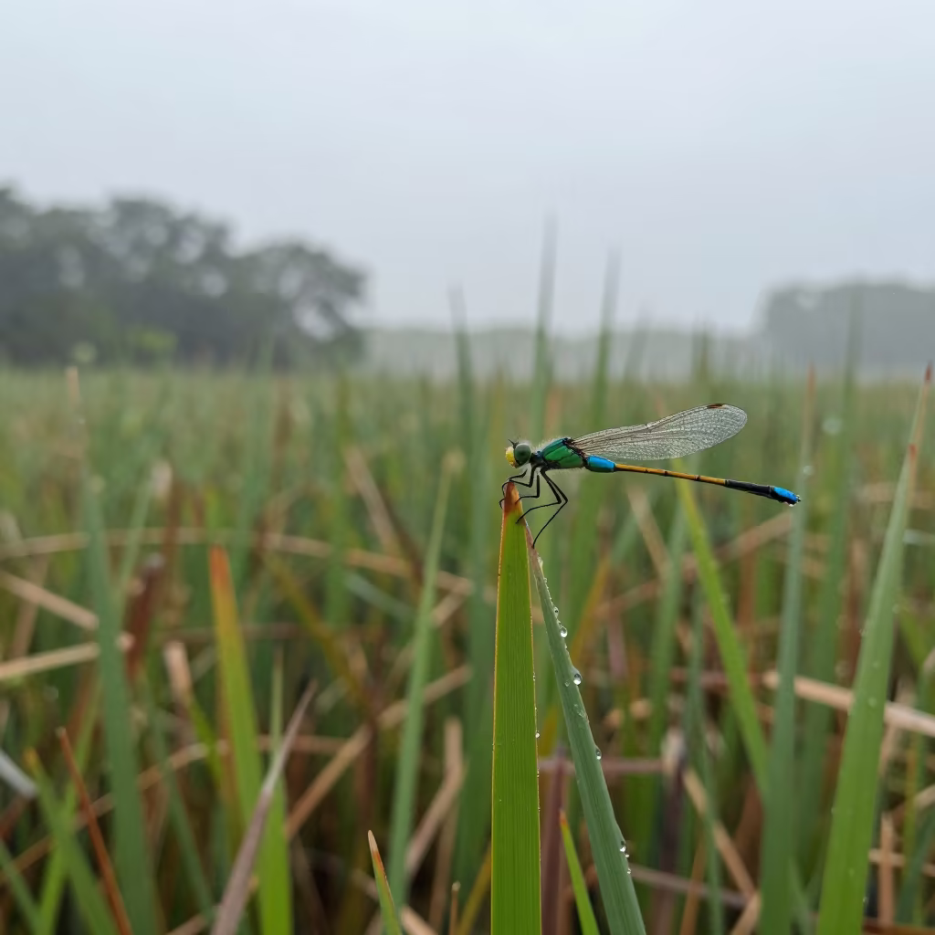 Damselfly on Reed Tip at Singapore Dawn in on a wind-scoured ridge in Singapore