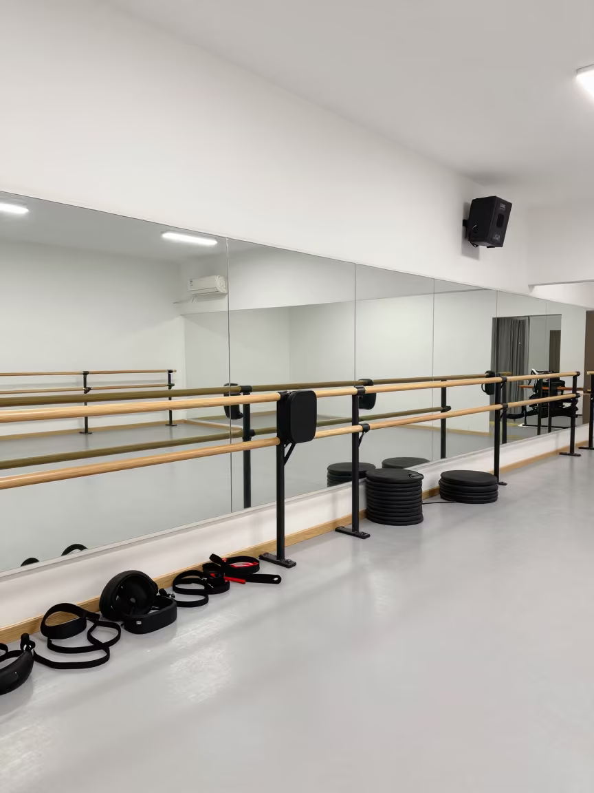 Dance Cardio Headset Dock in Barre Room in inside a barre room under soft morning light near Hargeisa