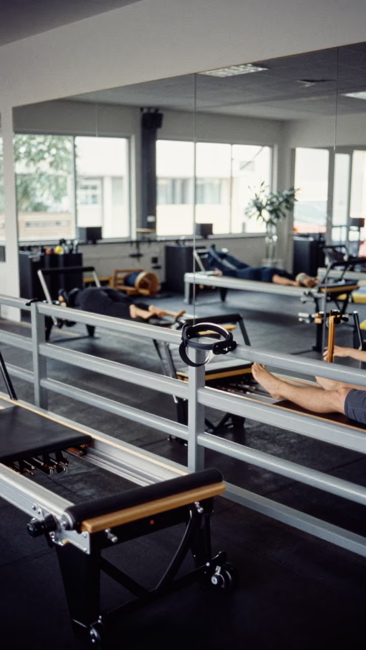 Dance Cardio Headset Dock in Malakal Reformer Studio in inside a reformer studio with straps laid straight in Malakal