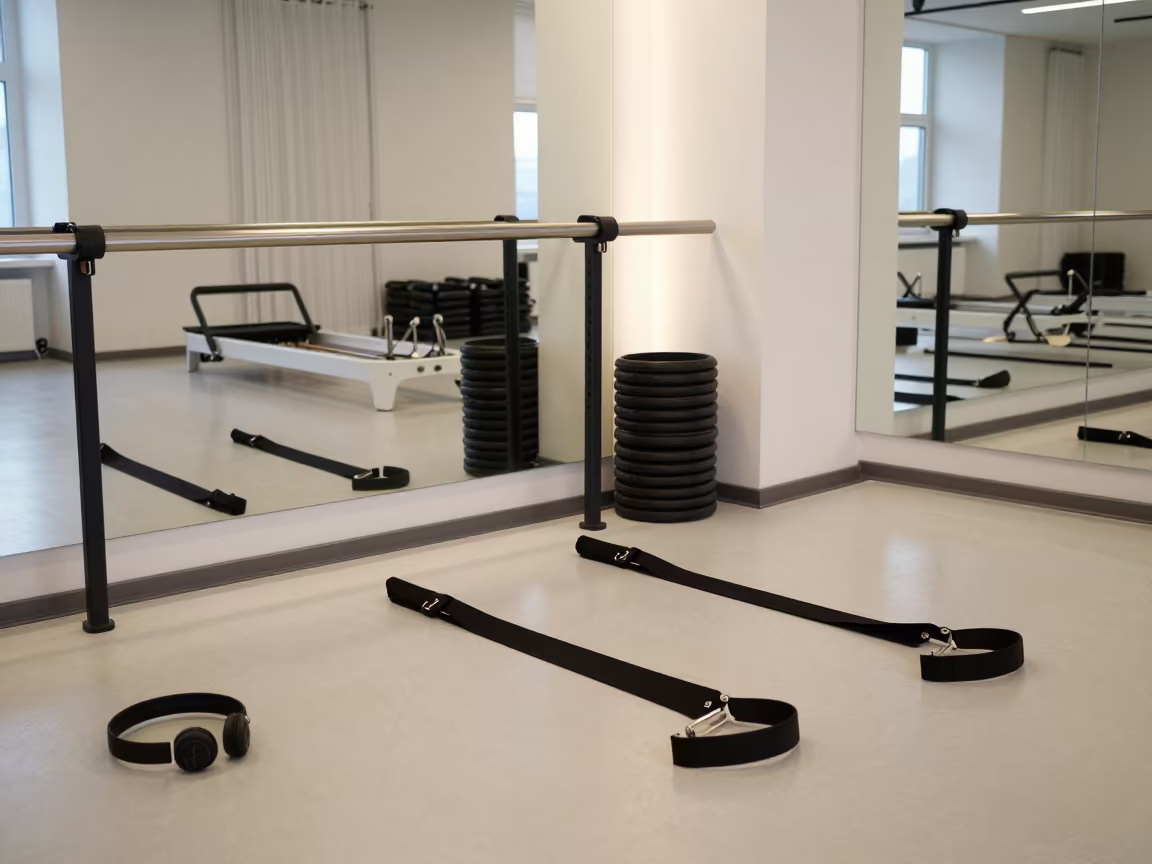 Dance Cardio Headset Dock in Reform Studio in inside a reformer studio with straps laid straight in Apia