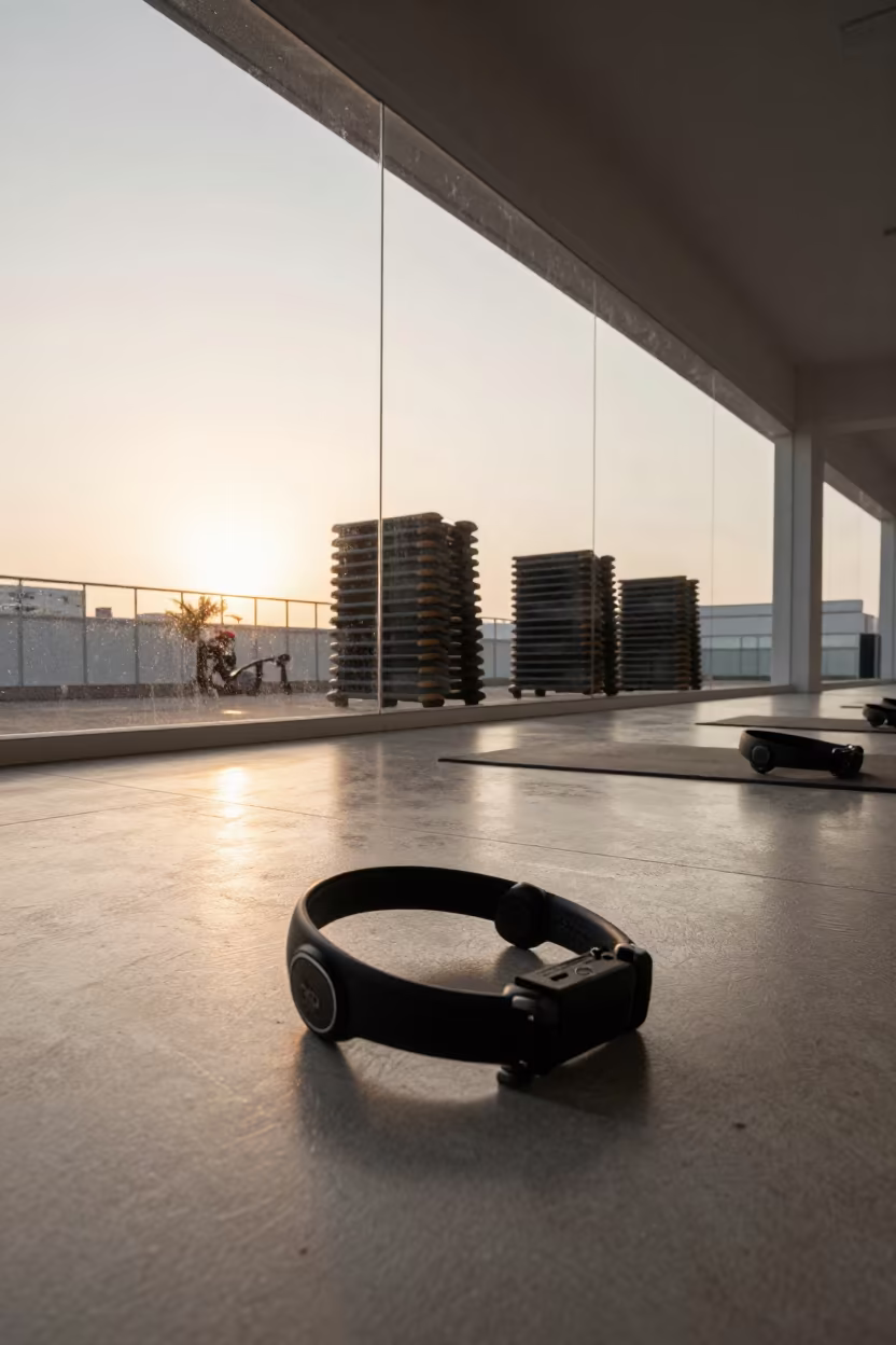 Dance Cardio Headset Docked on Mirrored Studio Floor in inside a mirrored studio cleared for class in Barranquilla