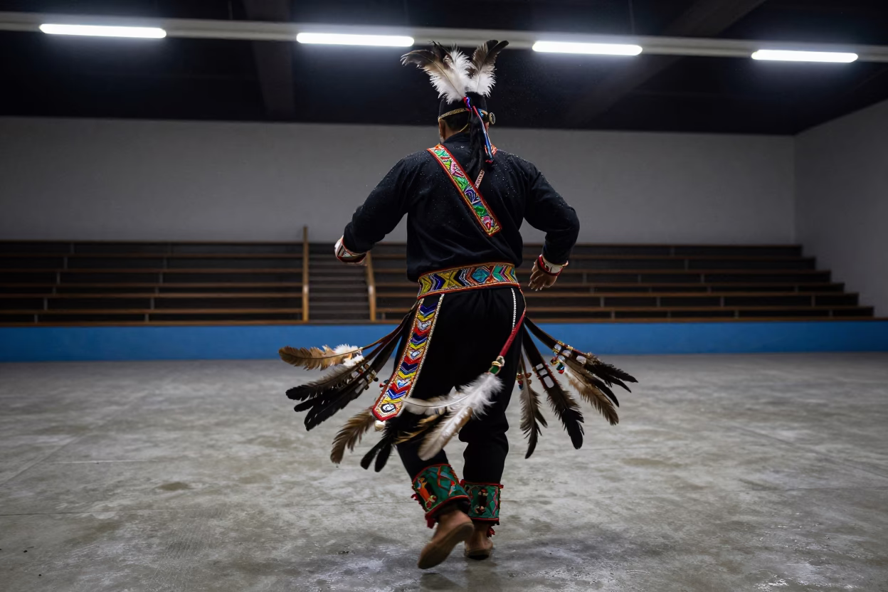 Dancer in Feathered Regalia Spins Under Fluorescent Light in in Uşak