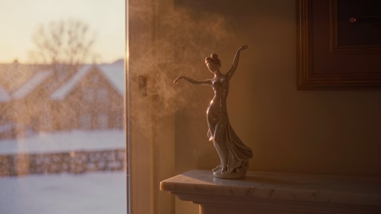 Dancer Figurine on Marble Mantel at Sunset in near Trondheim