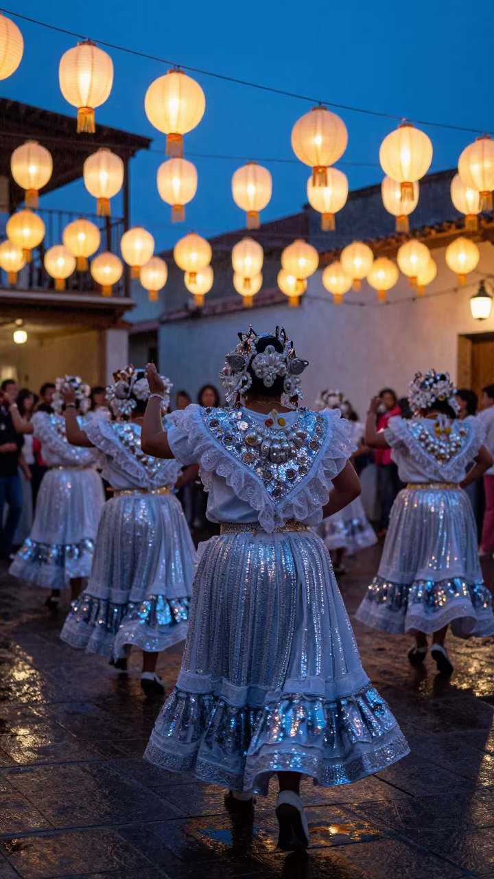 Dancers in Blue Hour Shrine Ceremony in in a shrine lined with lanterns in Taranto