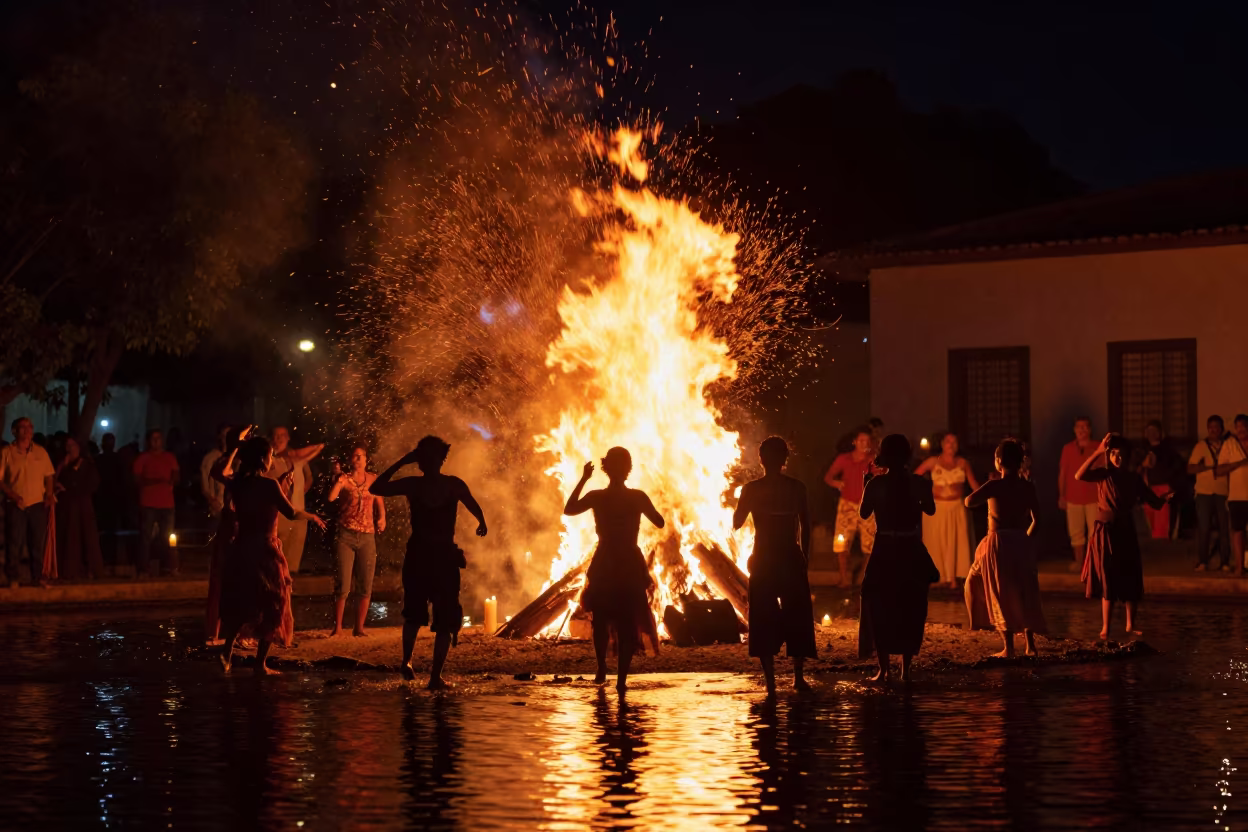 Dancers Silhouetted by Bonfire on Veracruz Canal in beside a canal in Veracruz
