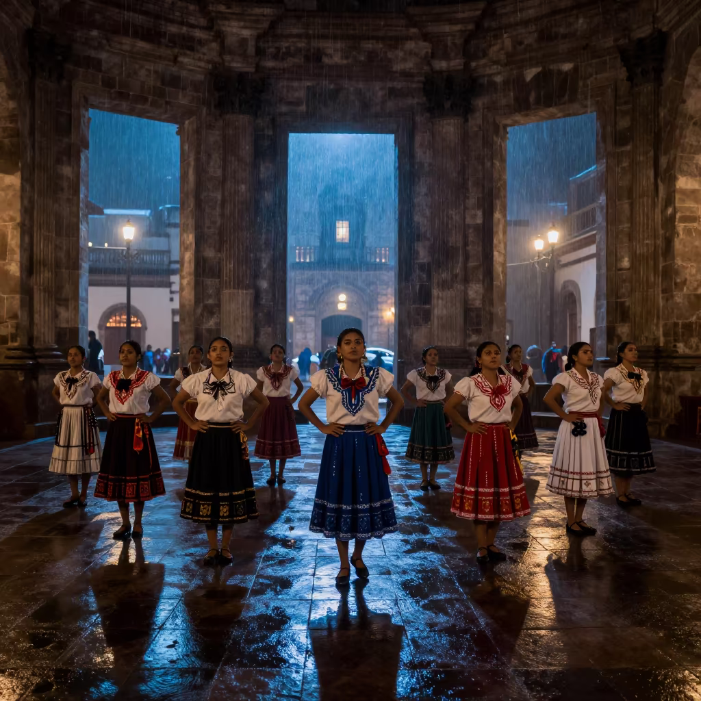 Dancers in Taxco Prayer Hall at Dusk in in a prayer hall in Taxco