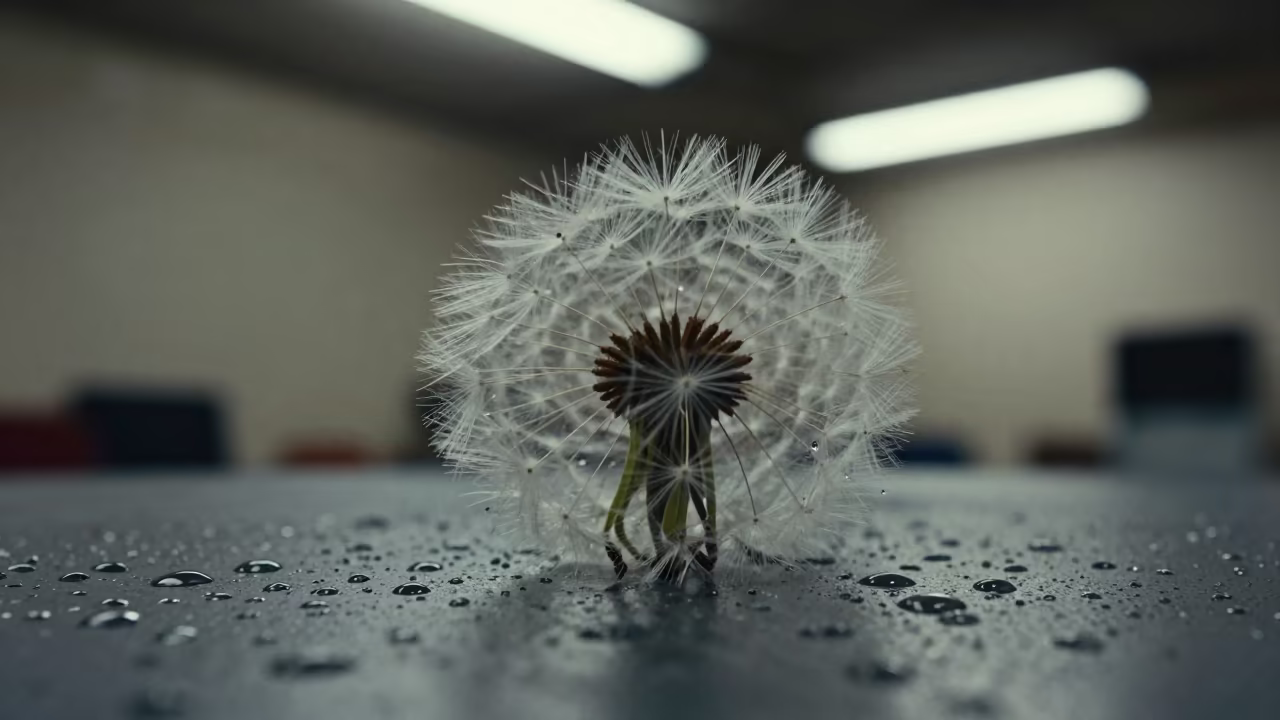 Dandelion Seed Parachute Macro Lahore in across a rain-beaded metal surface near Lahore
