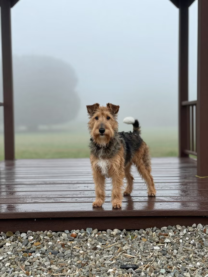 Dandie Dinmont Terrier on Morelia Porch in on a shaded front porch with boards, railings, and eye-level framing near Morelia