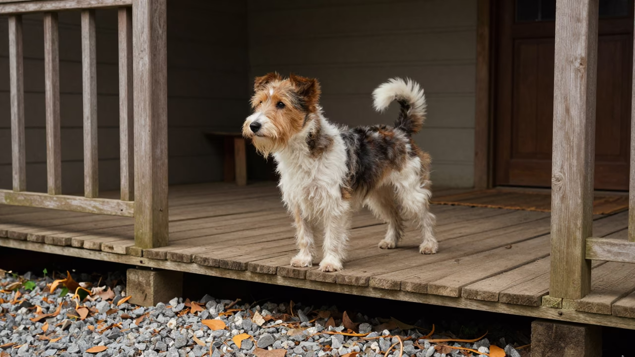 Dandie Dinmont Terrier on Shaded Akure Porch in on a shaded front porch with boards, railings, and eye-level framing in Akure