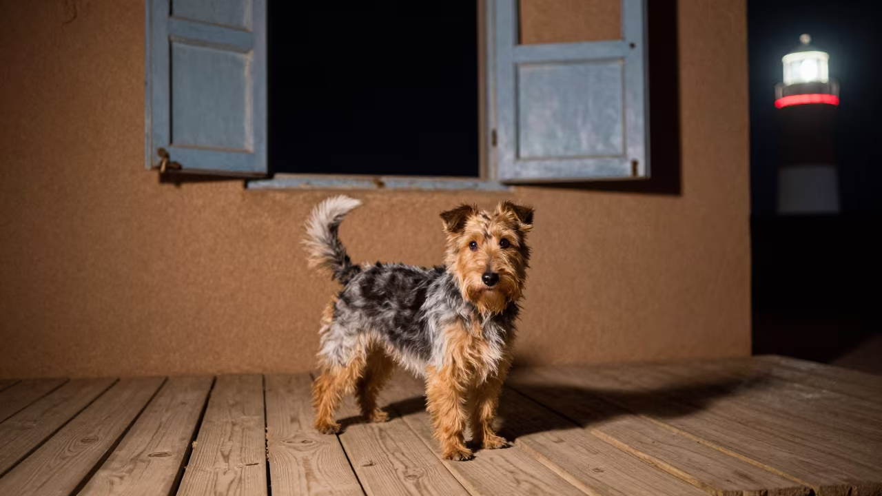 Dandie Dinmont Terrier on Shaded Béchar Porch in on a shaded front porch with boards, railings, and eye-level framing near Béchar