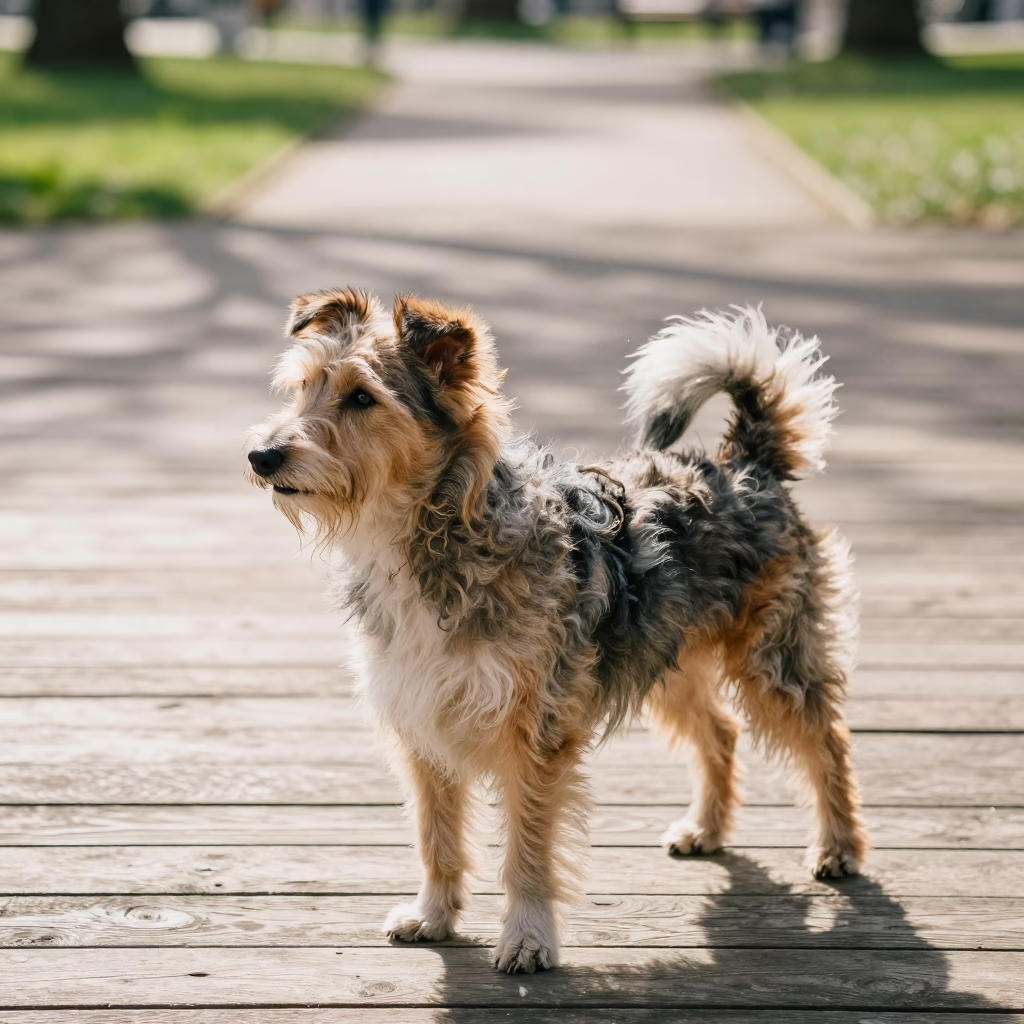 Dandie Dinmont Terrier on Shaded Braga Porch in along a quiet park path with soft open shade and a clean background in Braga