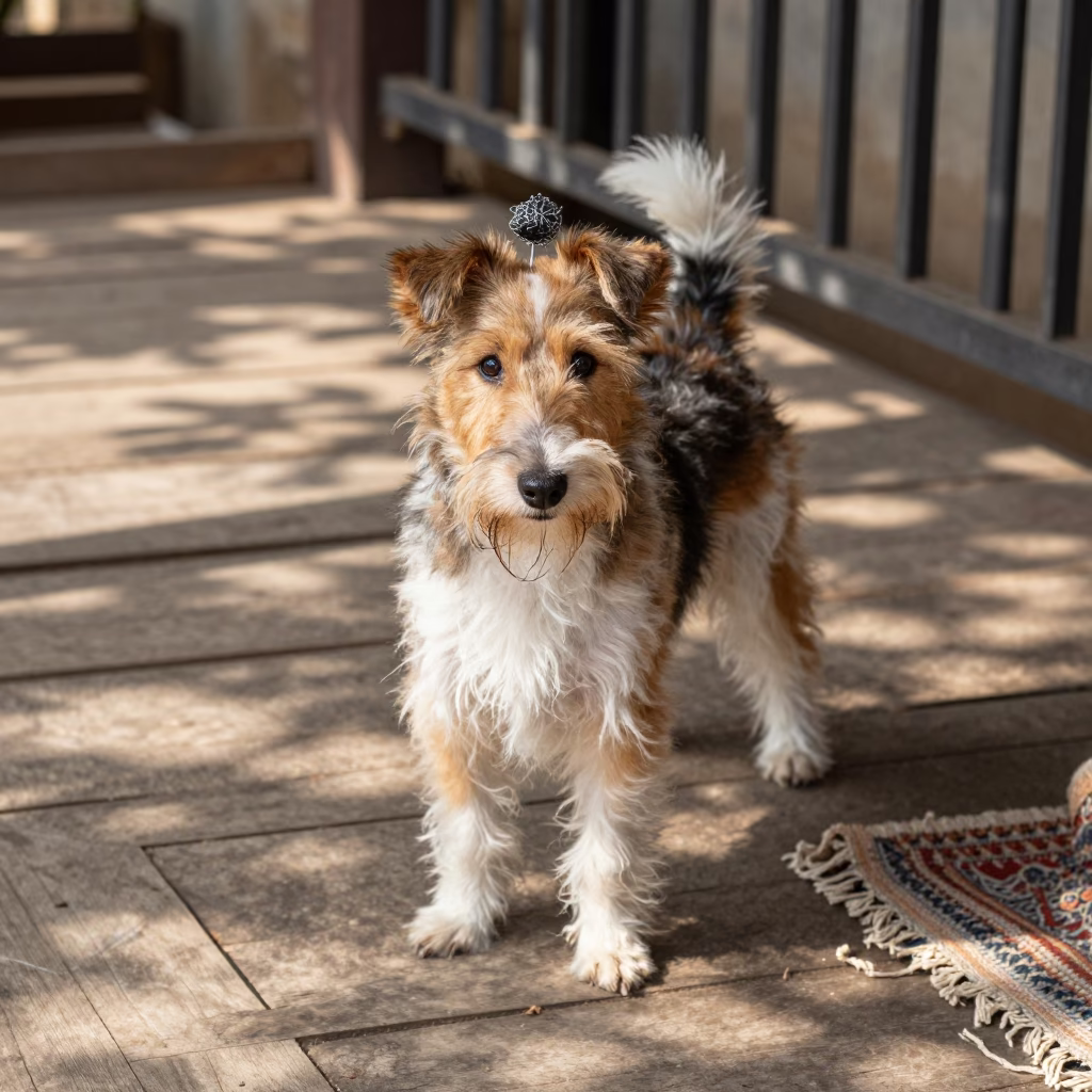 Dandie Dinmont Terrier on Shaded Porch in Satkhira in on a shaded front porch with boards, railings, and eye-level framing near Satkhira
