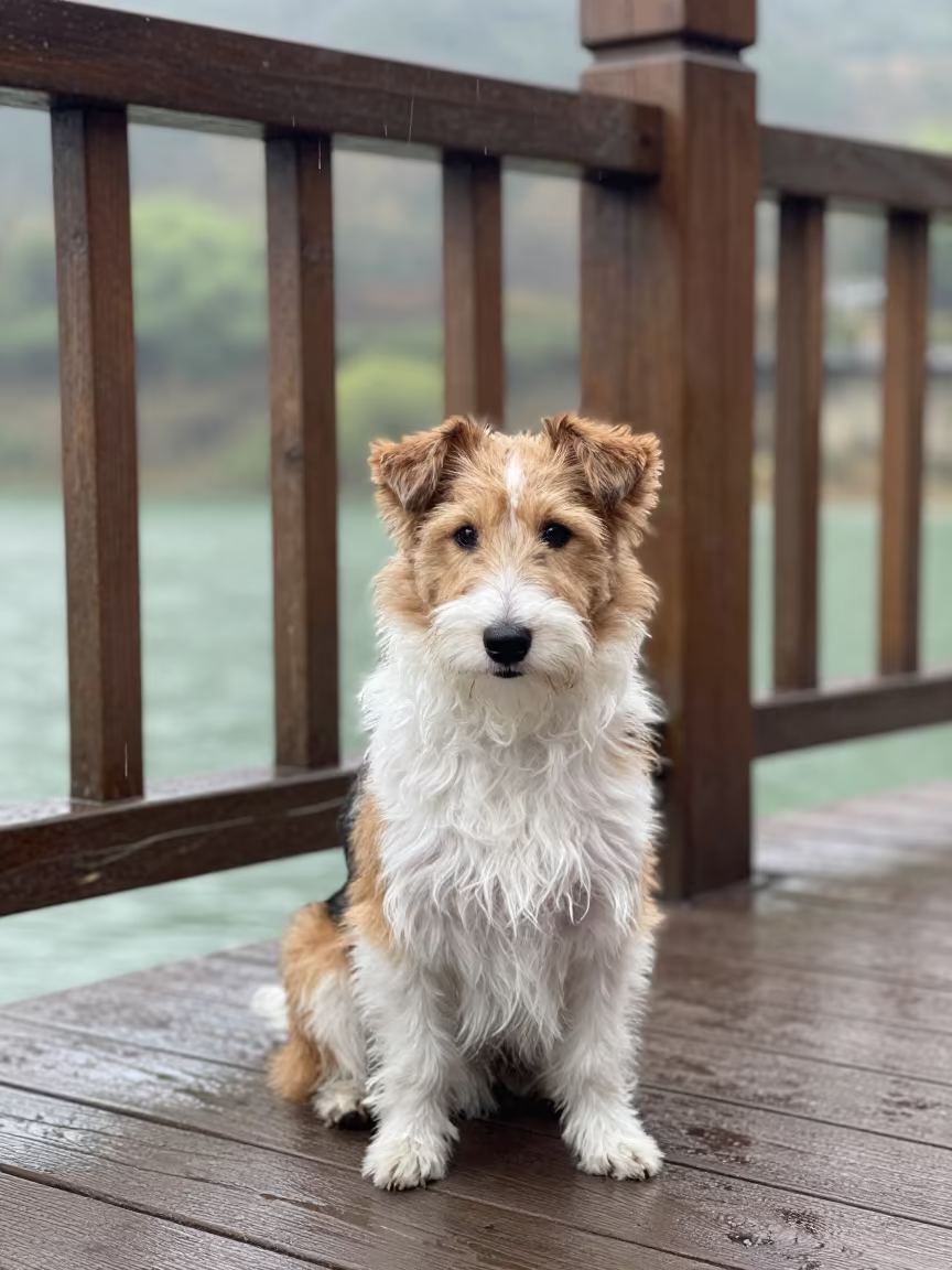 Dandie Dinmont Terrier on Shaded Xining Porch in on a shaded front porch with boards, railings, and eye-level framing near Xining