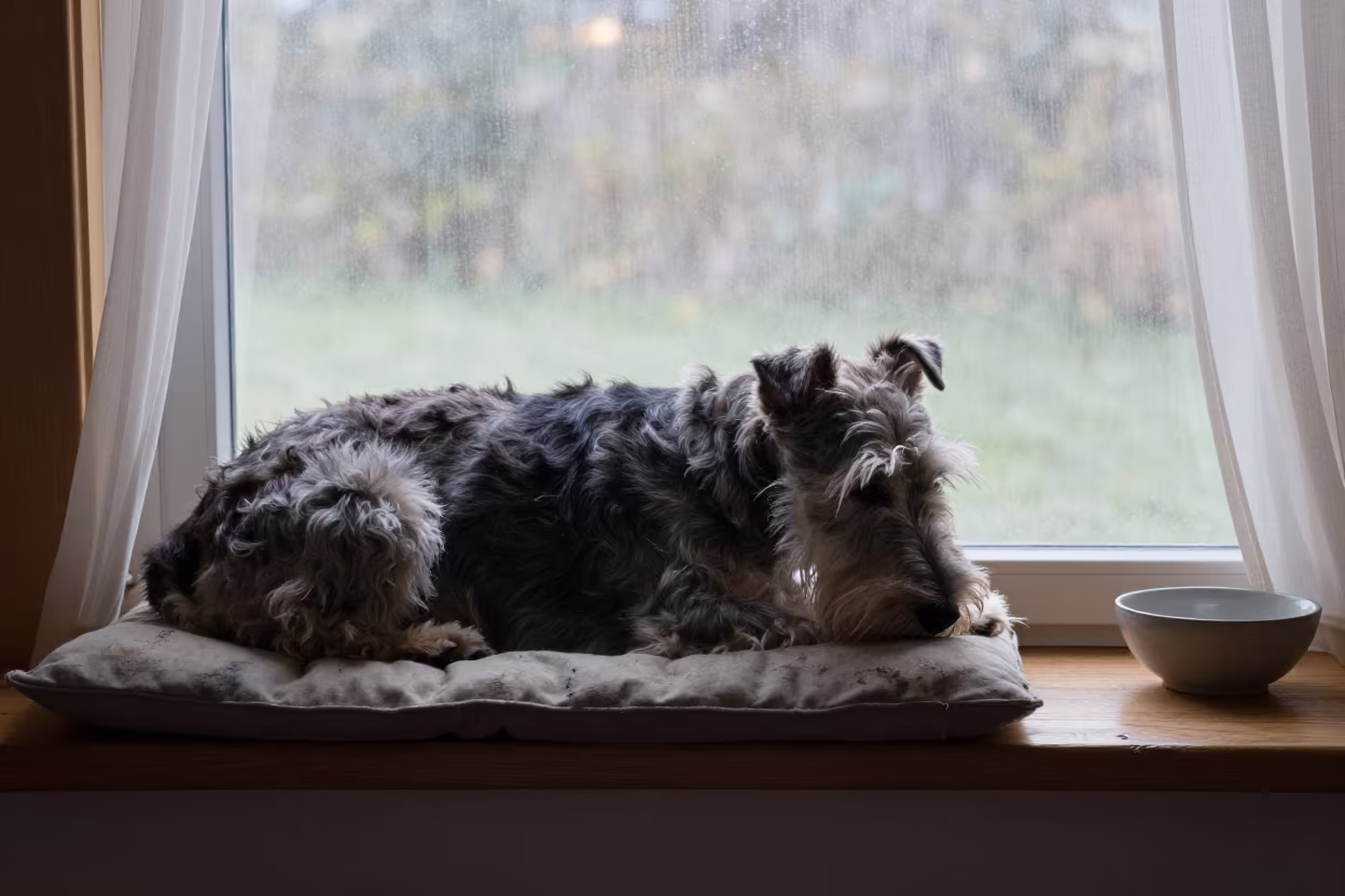 Dandie Dinmont Terrier on Window Seat Bangalore Morning in on a window seat in a quiet apartment with soft side light near Bangalore
