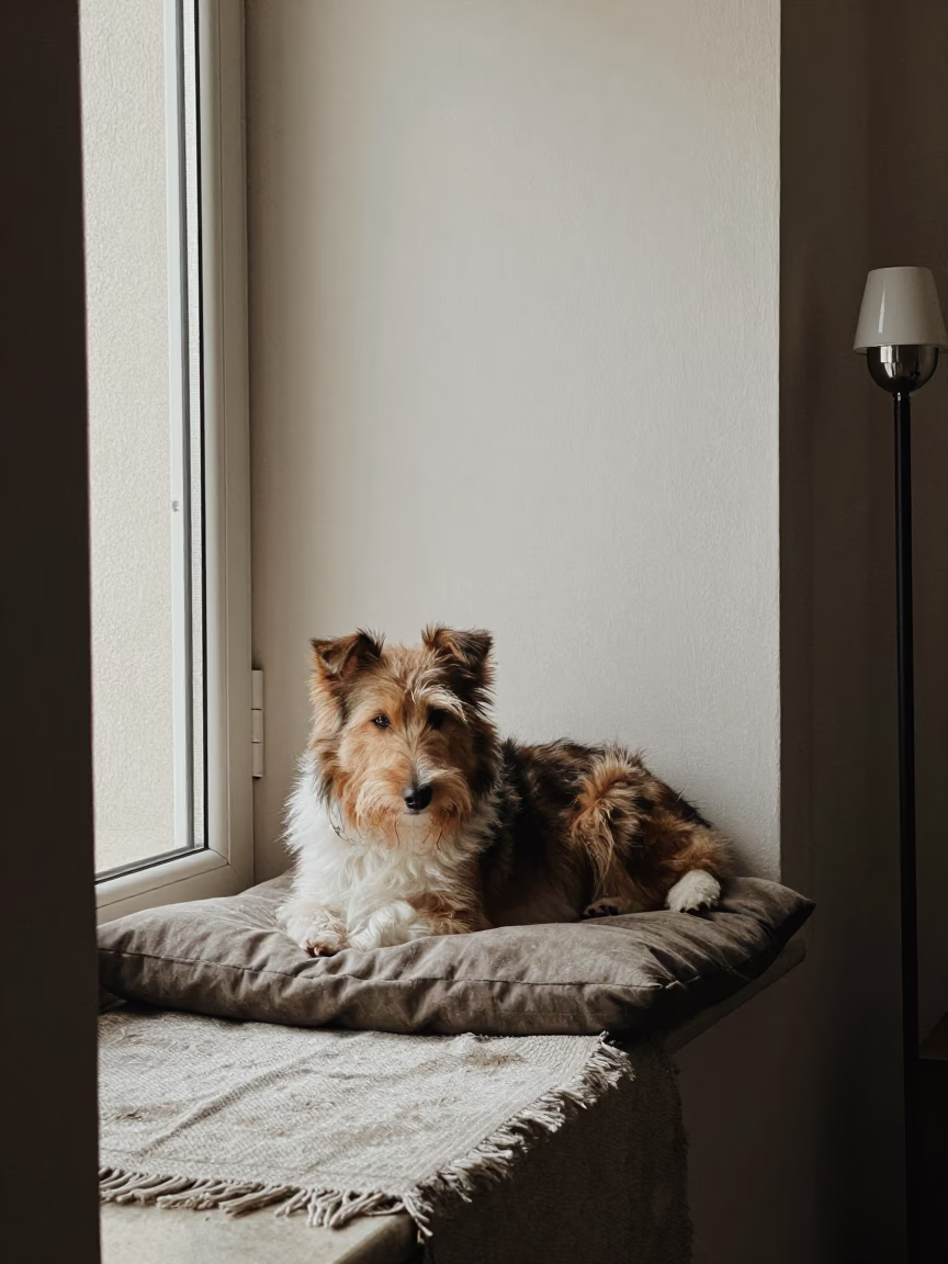 Dandie Dinmont Terrier on Window Seat in Ajmer in on a window seat in a quiet apartment with soft side light in Ajmer