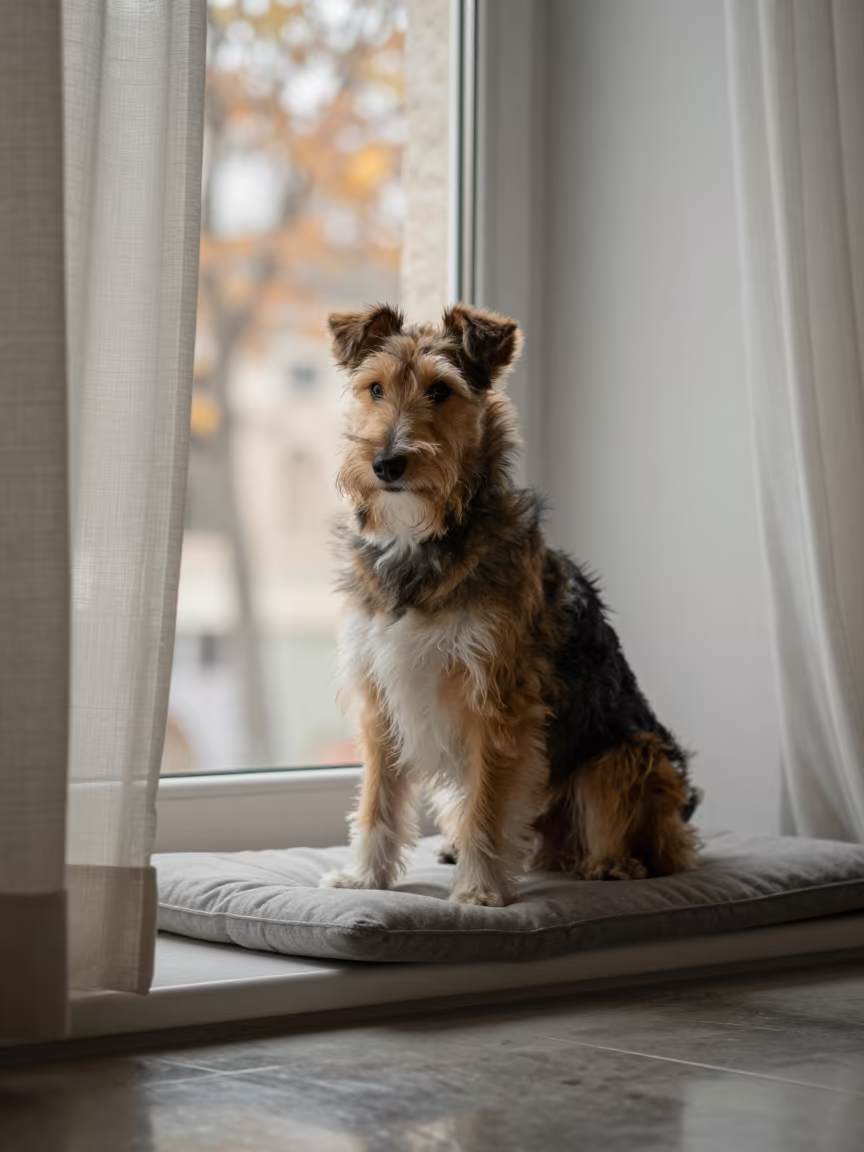 Dandie Dinmont Terrier on Window Seat in on a cushioned window seat with soft side light and an uncluttered background in Mahane Yehuda, Jerusalem