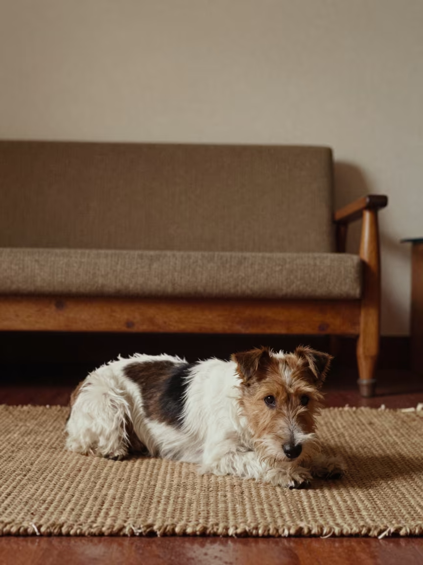 Dandie Dinmont Terrier on Woven Rug in Ahmedabad Home in on a woven rug beside a low couch and an uncluttered wall near Ahmedabad