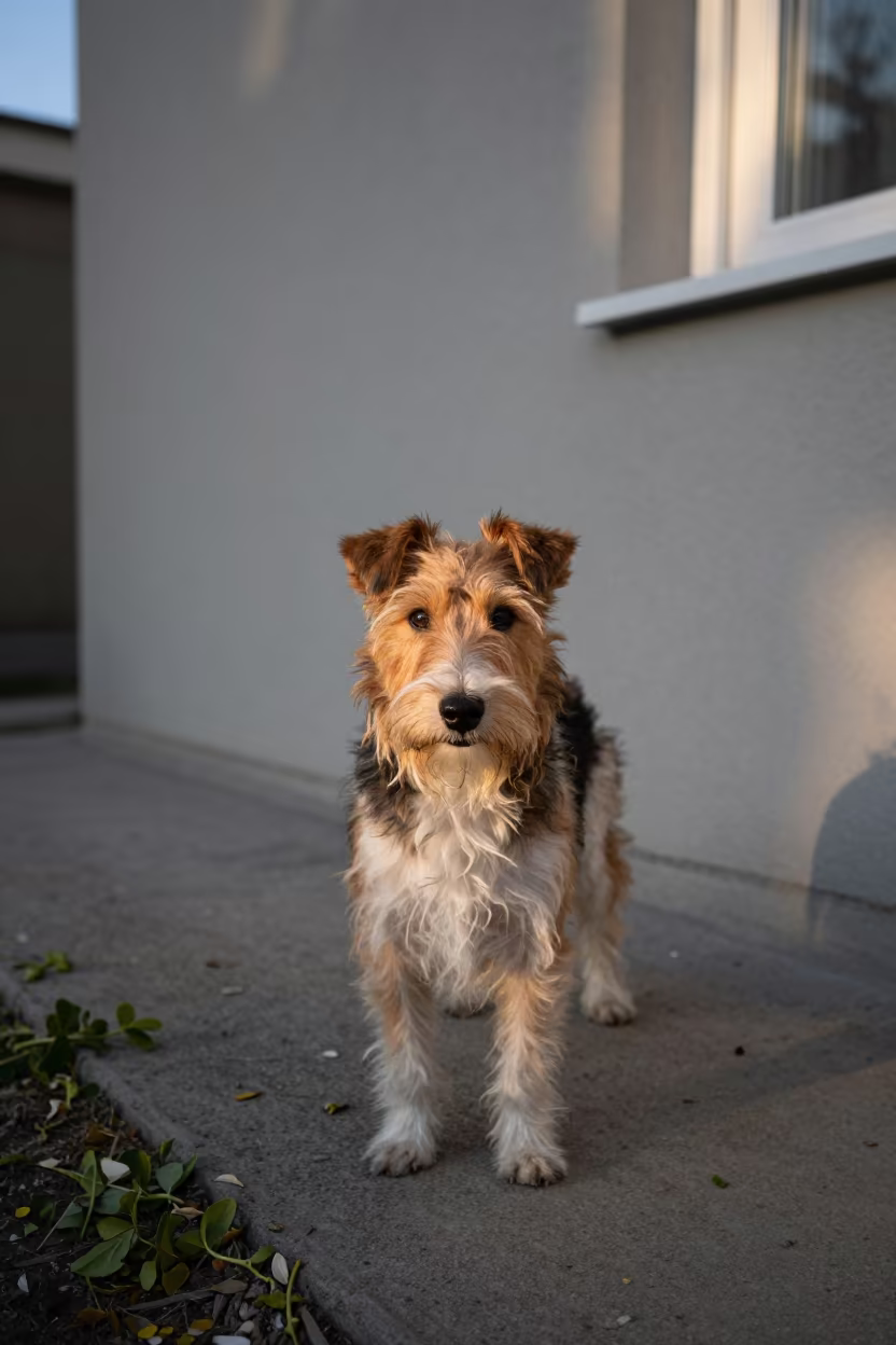 Dandie Dinmont Terrier Portrait Near Baku Wall in beside a plain courtyard wall in clear daylight with the animal at eye level near Baku
