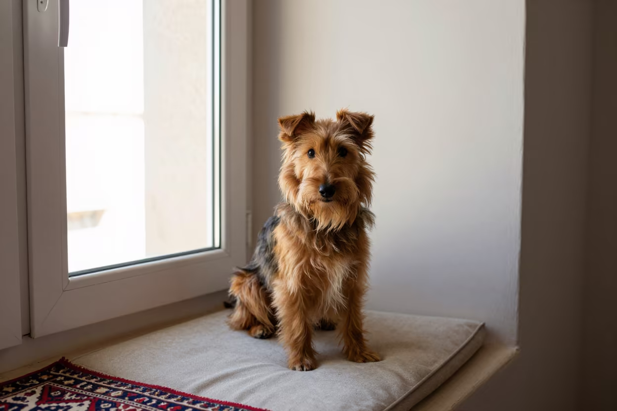 Dandie Dinmont Terrier Portrait on Window Seat in on a cushioned window seat with soft side light and an uncluttered background near Herat