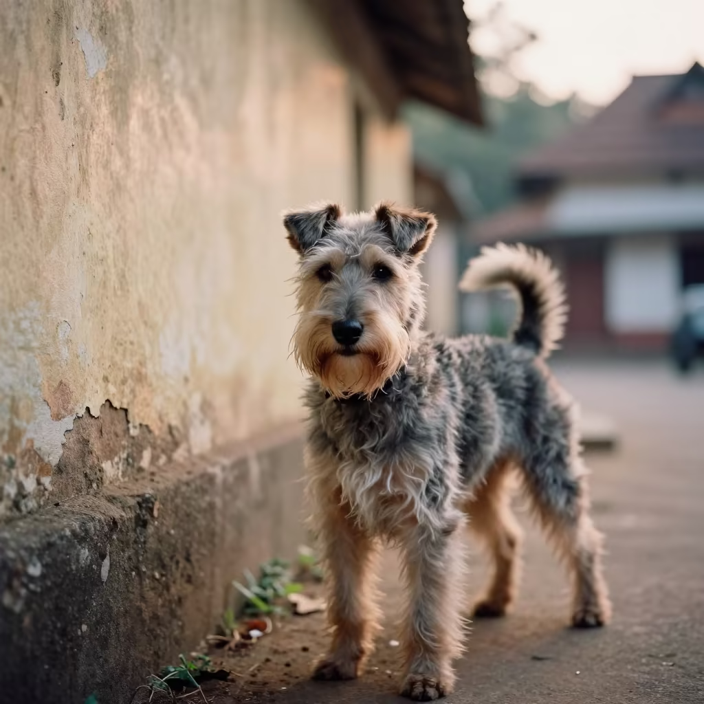 Dandie Dinmont Terrier Portrait Thrissur in beside a plain courtyard wall in clear daylight with the animal at eye level in Thrissur