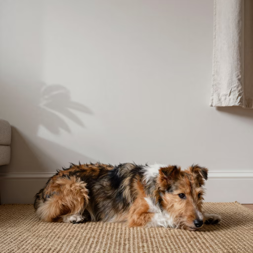 Dandie Dinmont Terrier Resting on Woven Rug in on a woven rug beside a low couch and an uncluttered wall near Lubumbashi