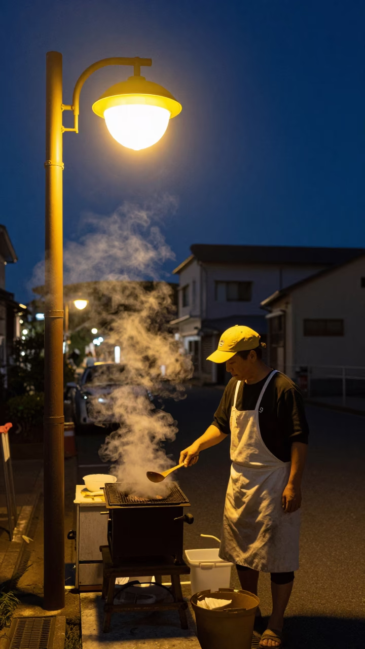 Dango Seller in Fukuoka at The Deepest Night Sky Light in in Fukuoka, Japan
