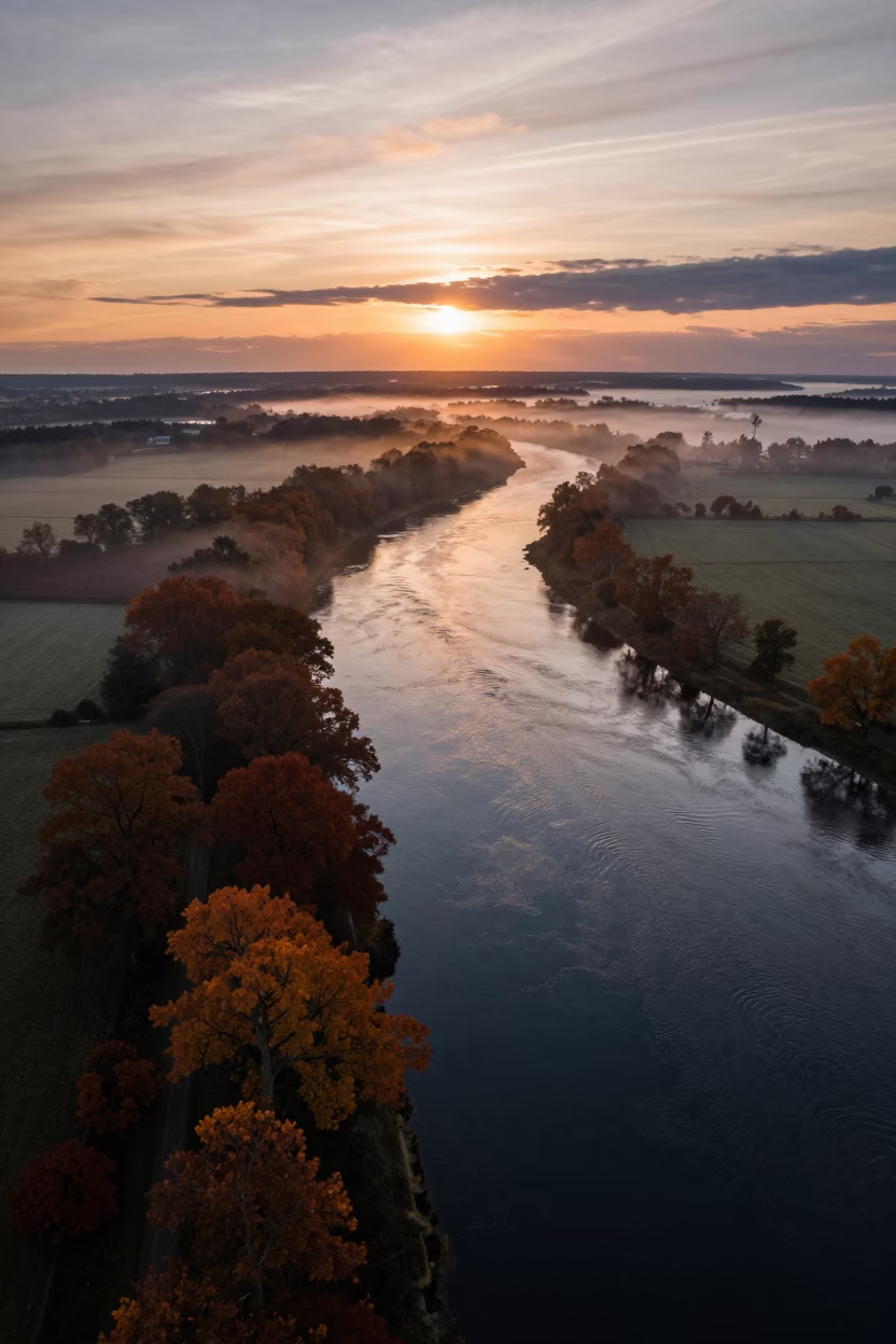 Danish Braided River Bend Sunset Reflection in high above braided river channels in Denmark