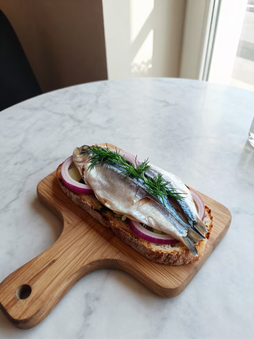 Danish Herring Smørrebrød on Lucknow Marble in on a marble cafe table in Lucknow
