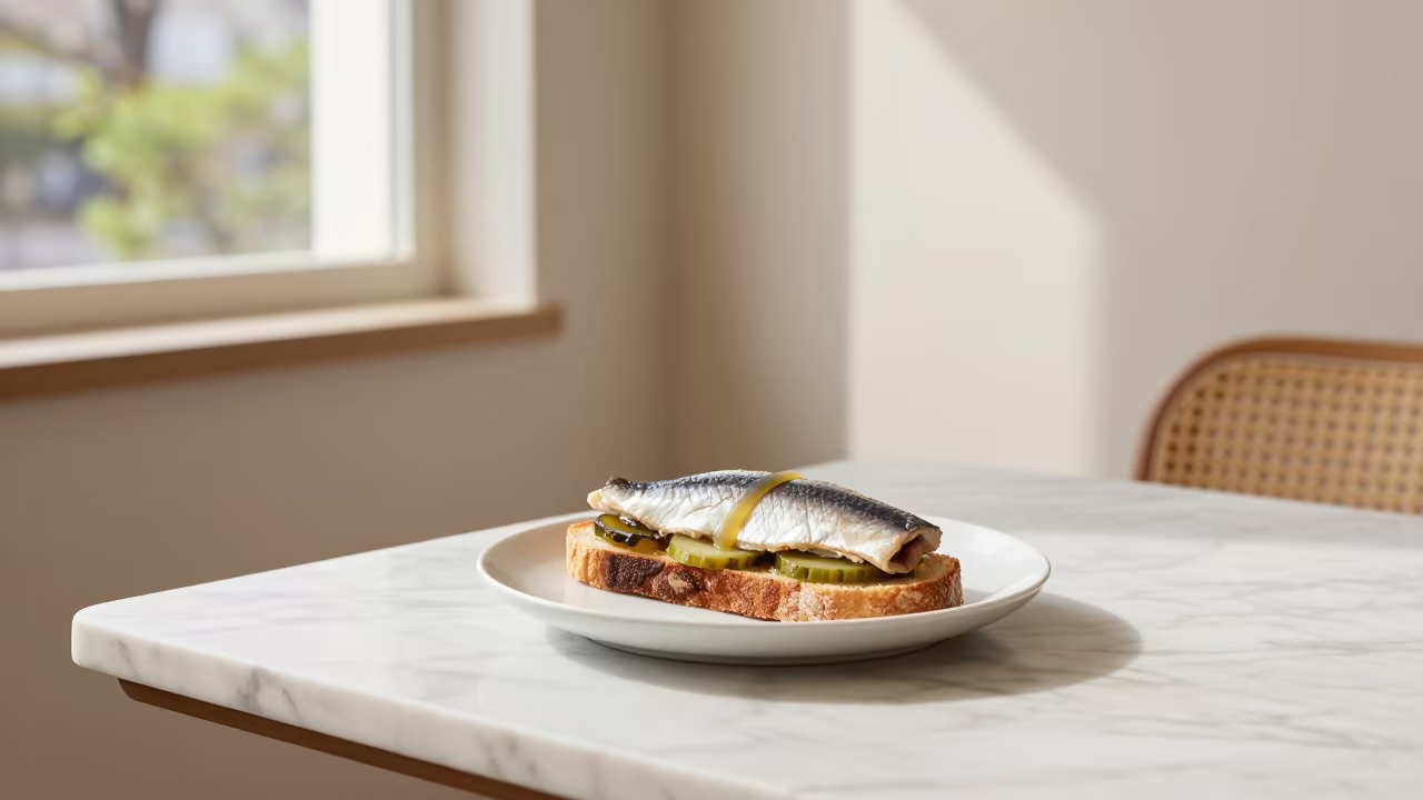 Danish Smørrebrød Herring on Seoul Marble Table in on a marble cafe table in Jongno, Seoul
