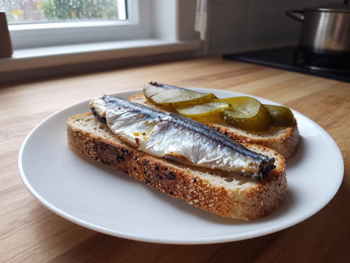 Danish Smørrebrød with Pickled Herring on Kitchen Counter in on a kitchen worktop in Carlos Manuel de Céspedes